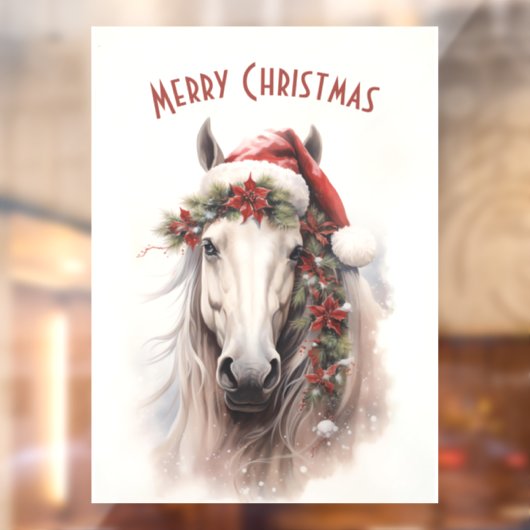 ホワイトホースサンタハットレッドポインセティアスクリスマス ウィンドウサイン (シート2)