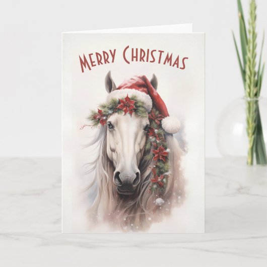 ホワイトホースサンタハットレッドポインセティアスクリスマス カード (正面)