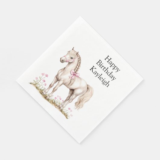 ホワイトホースピンクボウフローラ誕生日 スタンダードランチョンナプキン (角)