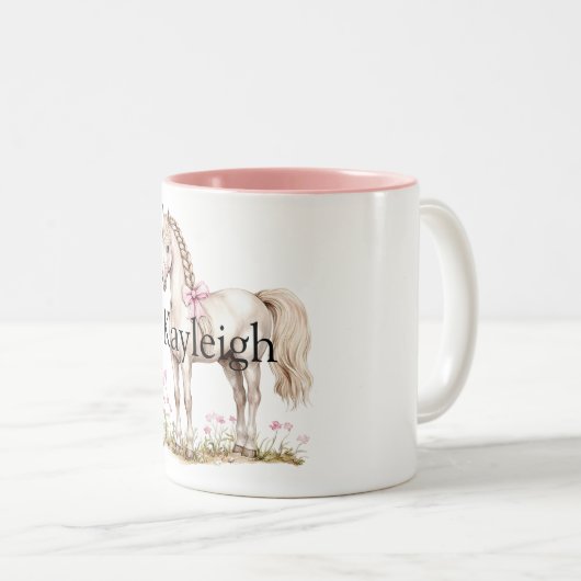 ホワイトホースピンクボウフローラ誕生日 ツートーンマグカップ (正面右)