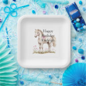 ホワイトホースピンクボウフローラ誕生日 ペーパープレート (パーティー)