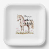 ホワイトホースピンクボウフローラ誕生日 ペーパープレート (正面)