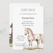 ホワイトホースピンクボウフローラ誕生日 招待状 (正面/裏面)