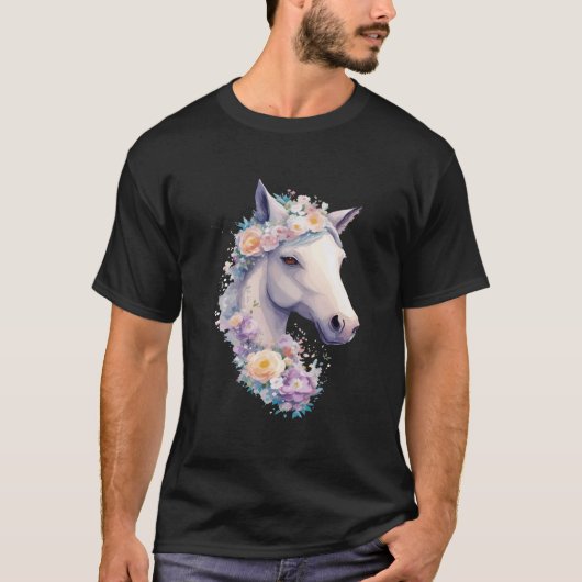 ホワイトホースポートレートと花女性のカーボーイHorsebac Tシャツ (正面)