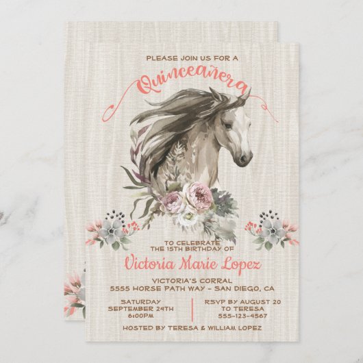 ホワイトホース女性のカーボーイキンセアニラ15th誕生日インビ 招待状 (正面/裏面)