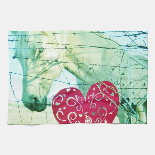 ホワイトホース赤いハートバレンタイン キッチンタオル (横)