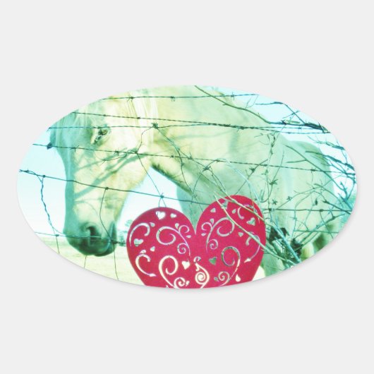 ホワイトホース赤いハートバレンタイン 楕円形シール (正面)