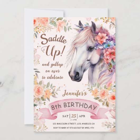 ホワイトホース8番目の誕生日フローラガールサドルアップ 招待状 (正面)