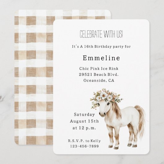ホワイトホース フローラル 16歳の誕生日 招待状 (正面/裏面)