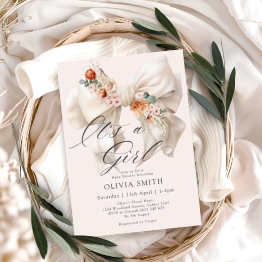 ホワイトボウその女の子のフローラ赤ちゃんシャワー 招待状