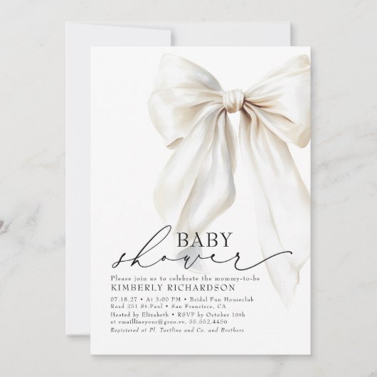 ホワイトボウエレガントベイビーシャワーシッククリーム 招待状 (正面)