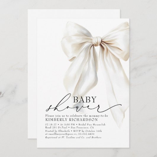 ホワイトボウエレガントベイビーシャワーシッククリーム 招待状 (正面/裏面)