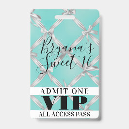 ホワイトボウズターコイズスイート16パーティーVIPパスバッジ バッジ