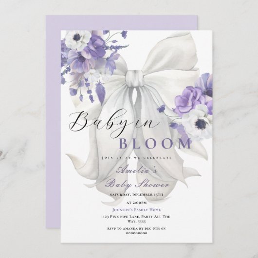 ホワイトボウベビー開花ベビーシャワーパープルフローラ 招待状 (正面/裏面)