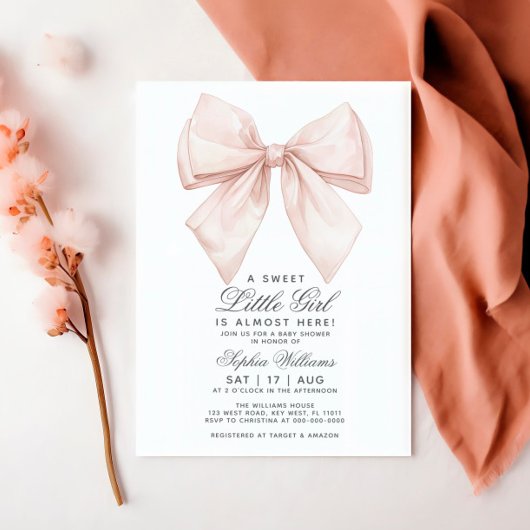 ホワイトボウ小さな女の子ベビーシャワー招待状 招待状