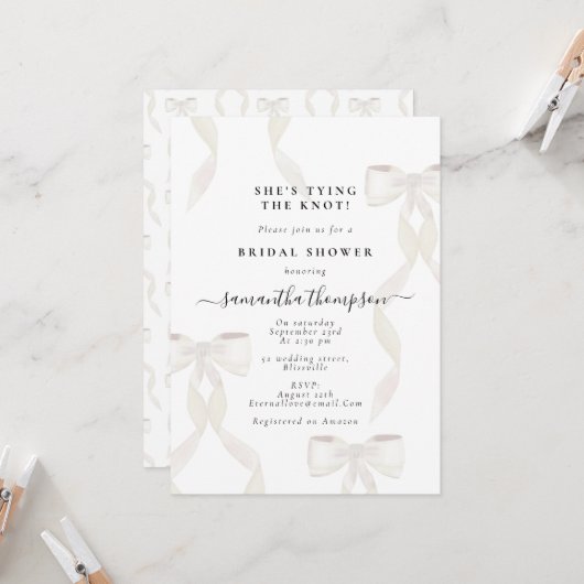 ホワイトボウ彼女は結び目のブライダルシャワーパーティー 招待状 (正面/裏面インサイチュ)