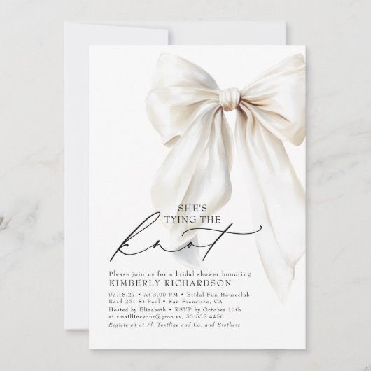 ホワイトボウ彼女は結び目のブライダルシャワー 招待状 (正面)