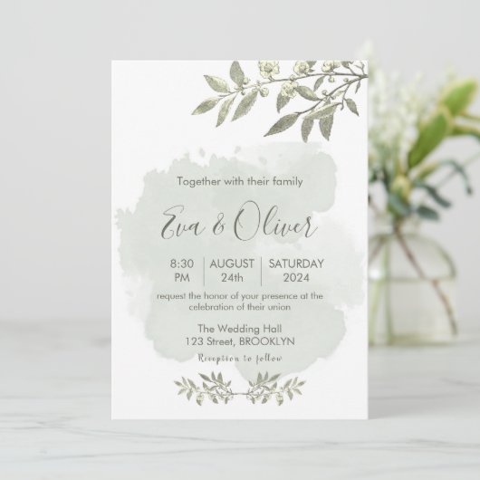 ホワイトボエレガントタニカル結婚ミニマリスト 招待状 (スタンド正面)