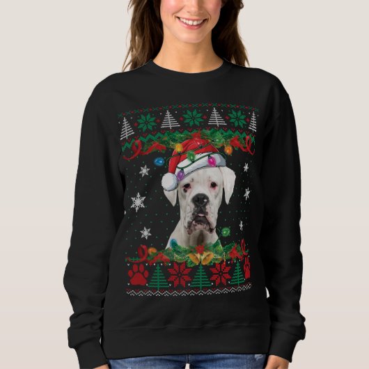 ホワイトボクサークリスマスサンタ醜いセーター犬の恋人 スウェットシャツ (正面)