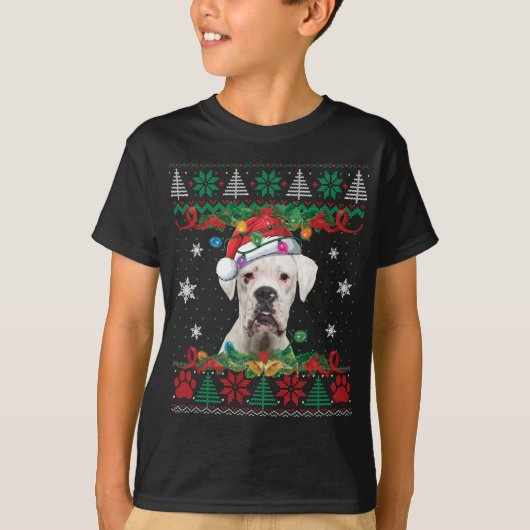 ホワイトボクサークリスマスサンタ醜いセーター犬の恋人 Tシャツ (正面)