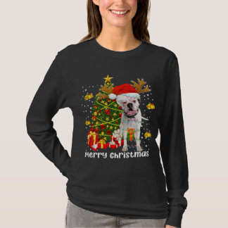 ホワイトボクサードッグクリスマスライトツリーサンタハット Tシャツ