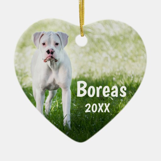 ホワイトボクサーパーソナライズされたクリスマスドッグオーナメント セラミックオーナメント (正面)