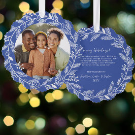 ホワイトボタニカルクリスマスリースカスタム写真 オーナメントカード