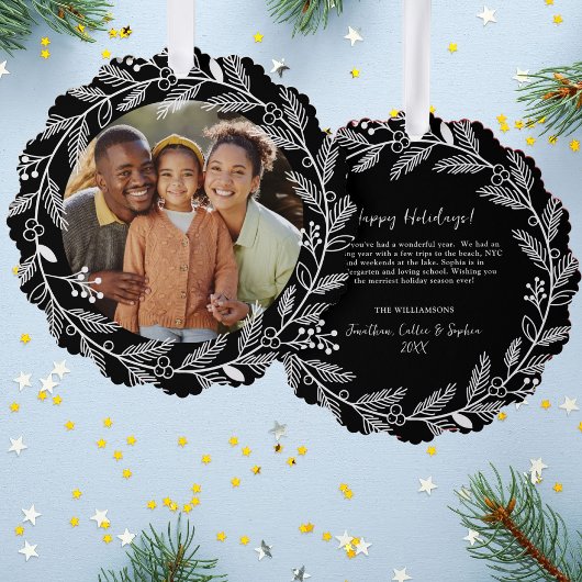 ホワイトボタニカルクリスマスリースカスタム写真 オーナメントカード