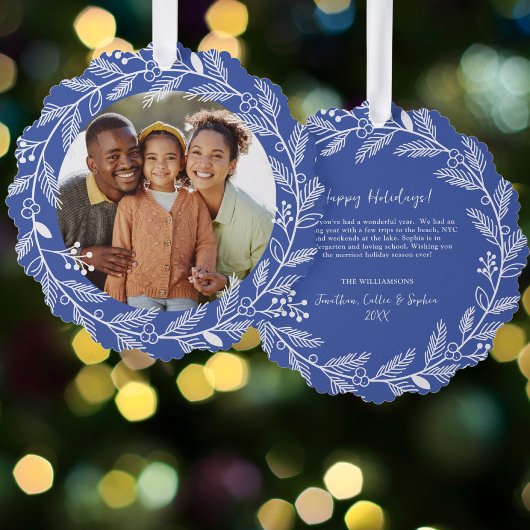 ホワイトボタニカルクリスマスリースカスタム写真 オーナメントカード