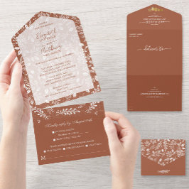 ホワイトボタニカルノーエンベロープテラコッタ結婚ズ オールインワン招待状