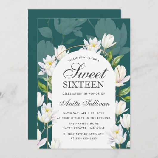 ホワイトボタニカルフラワーズSweet sixteen16誕生日 招待状 (正面/裏面)