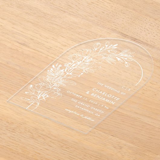 ホワイトボタニカルミニマリスト結婚アーチズ アクリル招待状 (レイダウン)