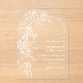 ホワイトボタニカルミニマリスト結婚アーチズ アクリル招待状 (正面)