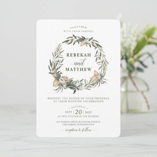 ホワイトボタニカルリース |結婚式招待状 招待状 (スタンド正面)