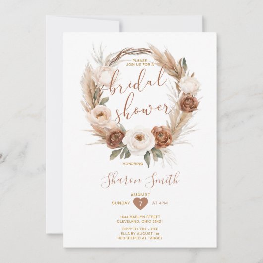 ホワイトボホエレガントテラコタフラワーズブライダルシャワー 招待状 (正面)