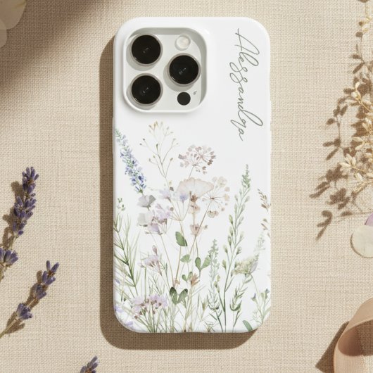 ホワイトボホスタイルの水彩野の花 iPhoneケース