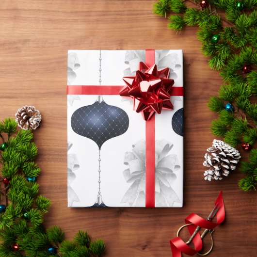 ホワイトボーズブルーオーナメントホリデイ ラッピングペーパー (クリスマスギフト)