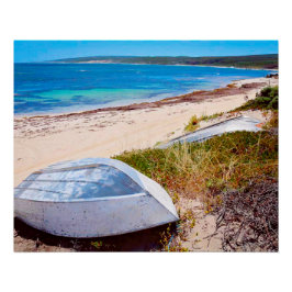 ホワイトボートオンビーチゴールデンサンズブルーシーフォト ポスター