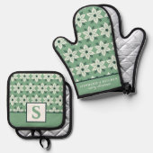 ホワイトポインセチアのグリーンフローラルモノグラムセット 鍋つかみ&鍋敷きセット (正面/裏面)