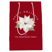 ホワイトポインセチアレッドハッピーホリデー ミディアムペーパーバッグ (正面)