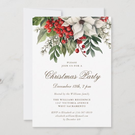 ホワイトポインセチア冬のベリーのクリスマスパーティー 招待状 (正面)