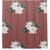 ホワイトポインセチア冬花模様オンレッド シャワーカーテン (正面)