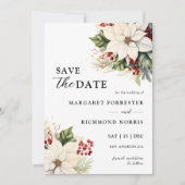 ホワイトポインセチア赤いベリーの結婚式の日付を保存 招待状 (正面)