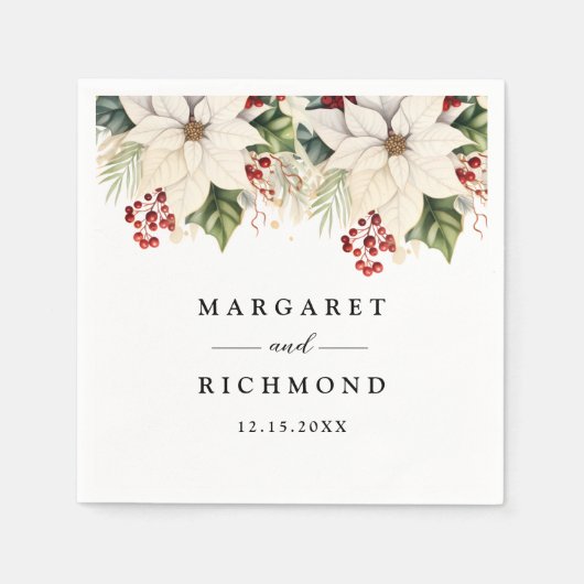 ホワイトポインセチア赤いベリー冬の結婚式紙 スタンダードカクテルナプキン (正面)