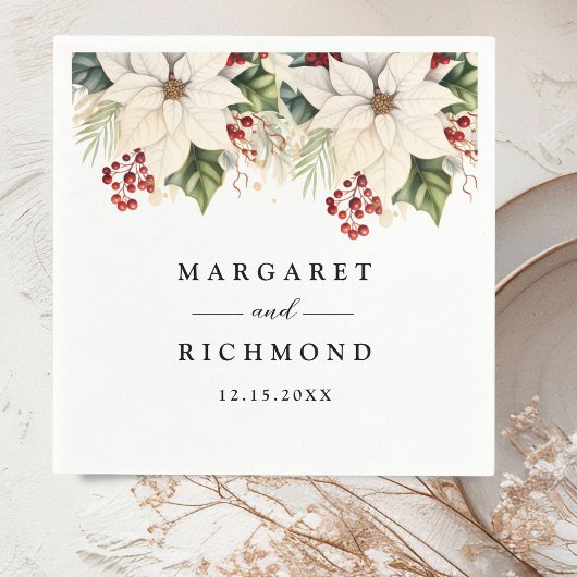 ホワイトポインセチア赤いベリー冬の結婚式紙 スタンダードカクテルナプキン