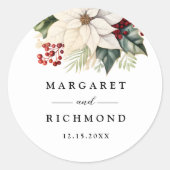 ホワイトポインセチア赤いベリー冬の結婚式 ラウンドシール (正面)