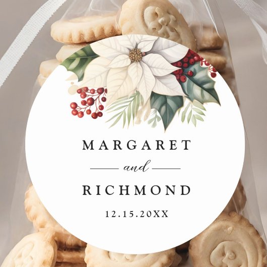 ホワイトポインセチア赤いベリー冬の結婚式 ラウンドシール