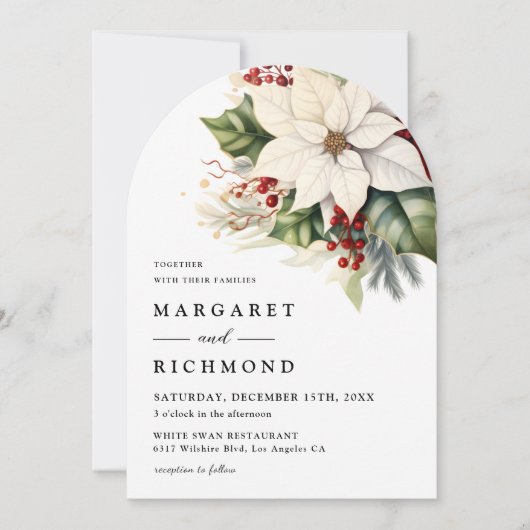 ホワイトポインセチア赤ベリークリスマスアー結婚チ 招待状 (正面)