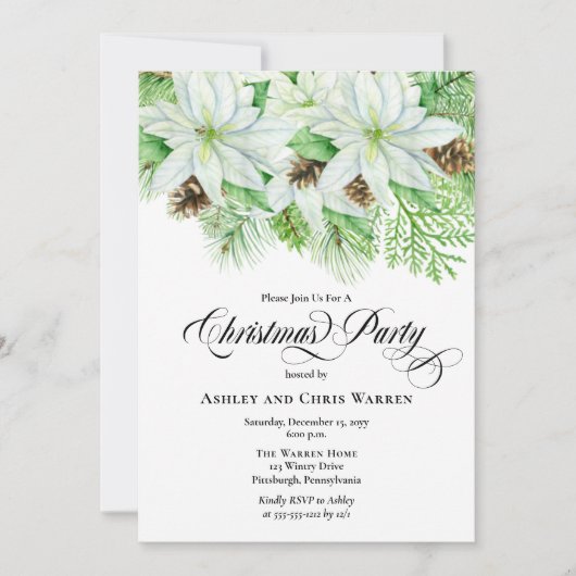 ホワイトポインセチア |ピネコーンパインクリスマスパーティー 招待状 (正面)