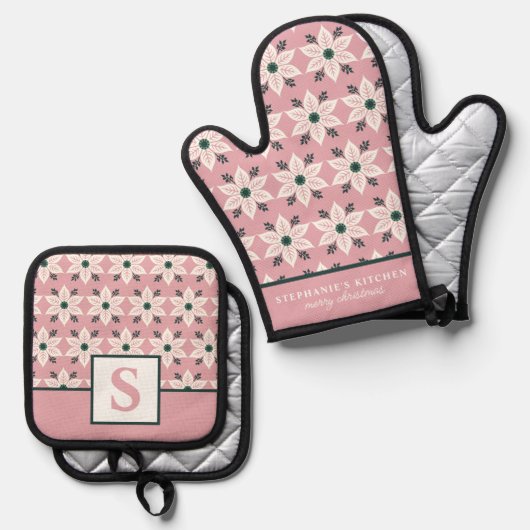 ホワイトポインセチアonピンクモノグラムのフローラ 鍋つかみ&鍋敷きセット (正面/裏面)